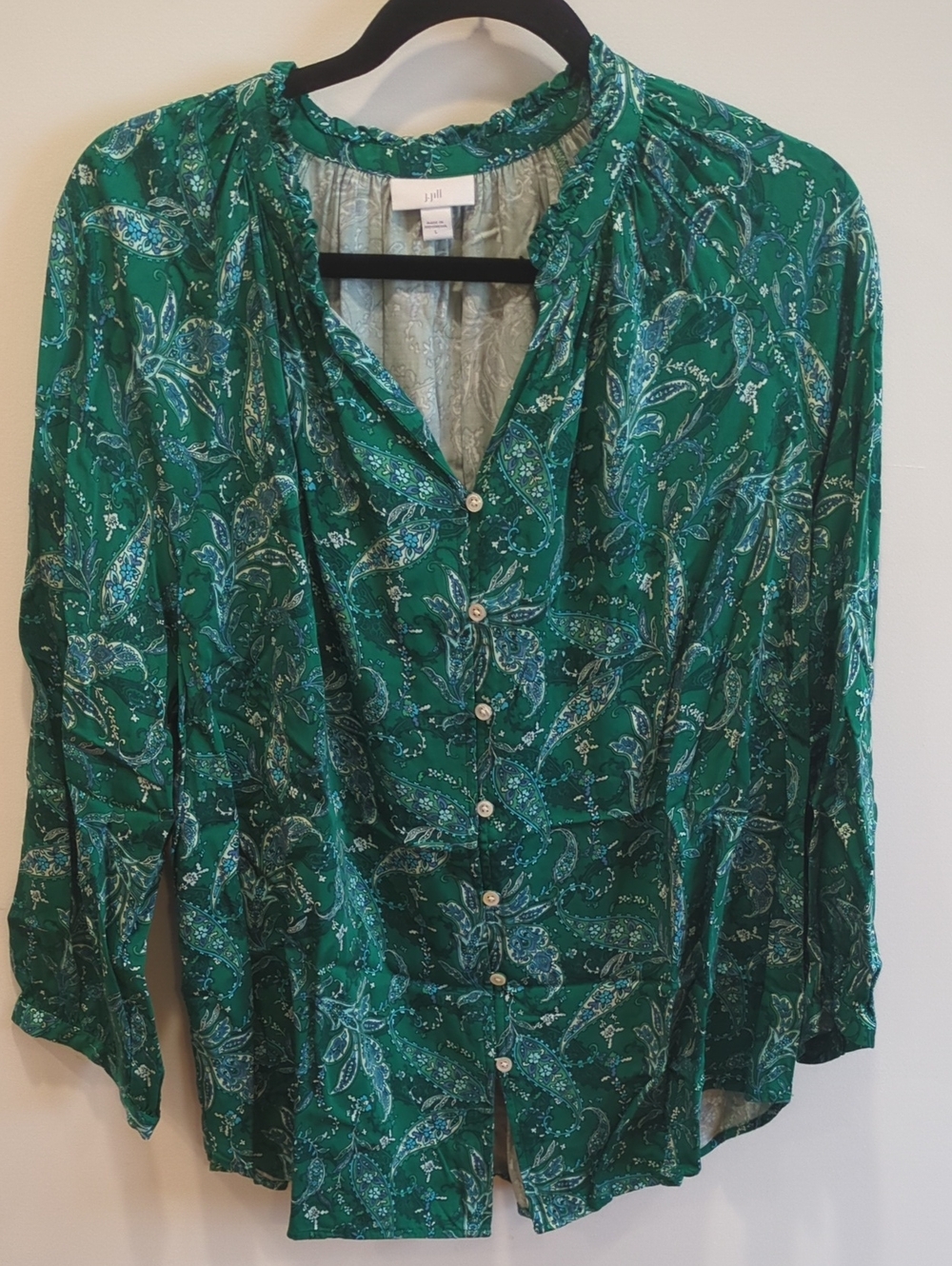 Boho Coastal Cottage Preppy J. Jill Emerald Green Blue Paisley Floral Blouse (L)